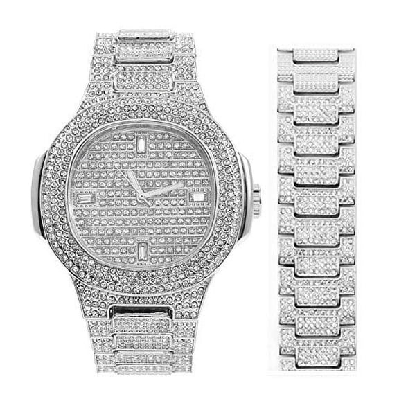 Blinged Out Oblong Case Metal Mens Watch w/Matching Blinged Out Bracelet Set - 8475BM (Baguette Silver 8967)