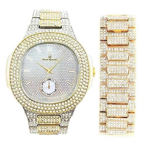Blinged Out Oblong Case Metal Mens Watch w/Matching Blinged Out Bracelet Set - 8475BM (Two Tone with Gold Bracelet)