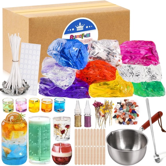 Blingfun Jelly Candle Making Kit,9pcs Gel Wax -7 Colors kitIncludes Wicks Wick StickersWooden Holders and MoreDIY Starter Kit 2.8LB/45oz
