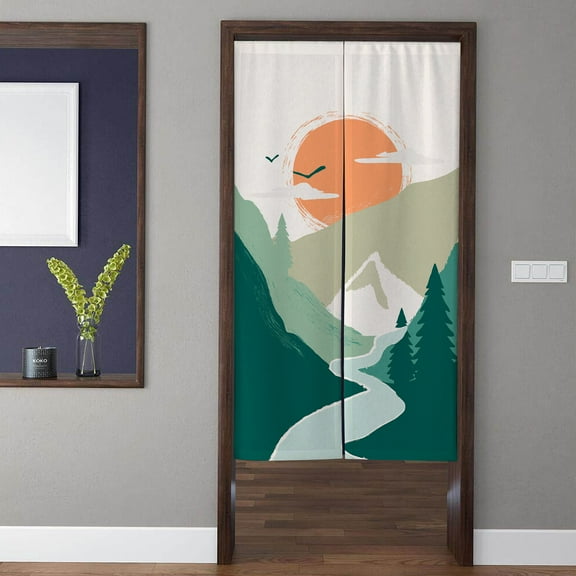 Blingpainting Bohemia Art Noren Door Curtain Sunset Mountain Creek Landscape Pattern Doorway Curtain for Kitchen Partition Bedroom Door Privacy Decor
