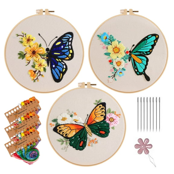 Blingpainting Butterfly Pattern Embroidery Starter 3 Sets for Beginners, Stamped Cross Stitch Kits for Beginners Gifts (group1)