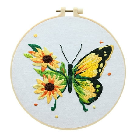 Blingpainting Butterfly Sunflower Embroidery Starter Kit for Beginners, Stamped Cross Stitch Kits for Beginners Adults Include Embroidery Fabric Embroidery Hoop Threads and Needles