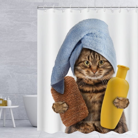 Blingpainting Cute Cat shower curtains Funny Bathing Cat Shower Curtain Cute Cartoon Animal for Pet Lovers Gift modern waterproof Fabric shower curtain