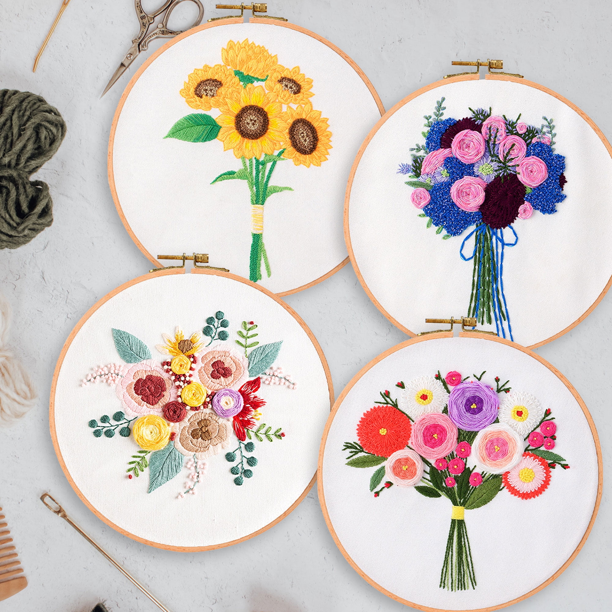 Blingpainting Embroidery Kit for Beginners with Flower Pattern, Cross Stitch kit,4pcs Embroidery Starter Kits Including Embroidery Hoop,Cloth and Color Threads