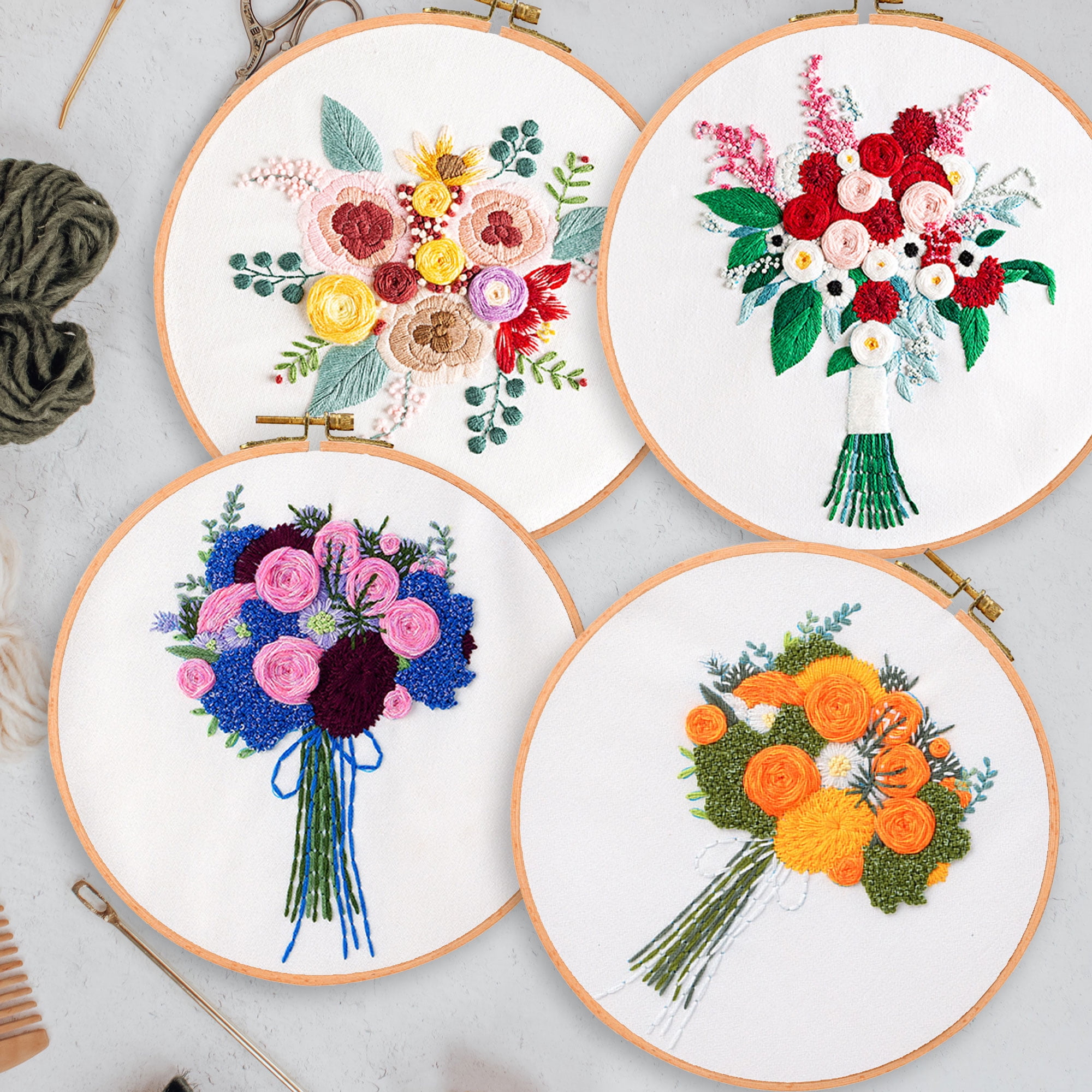 Blingpainting Embroidery Kit for Beginners with Flower Pattern, Cross Stitch kit,4pcs Embroidery Starter Kits Including Embroidery Hoop,Cloth and Color Threads