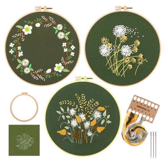 Blingpainting Embroidery Starter Kits for Adults Beginners with Stamped Pattern, Embroidery Floss + Needles + Hoop, Green Series, 3 Pack