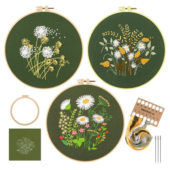 Blingpainting Embroidery Starter Kits for Adults Beginners with Stamped Pattern, Embroidery Floss + Needles + Hoop, Green Series, 3 Pack