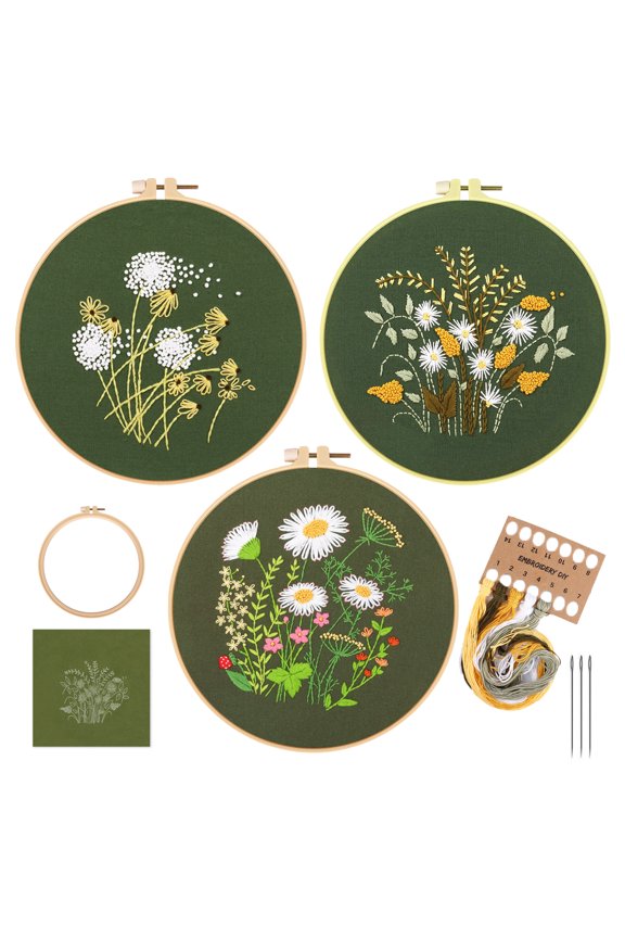 Blingpainting Embroidery Starter Kits for Adults Beginners with Stamped Pattern, Embroidery Floss + Needles + Hoop, Green Series, 3 Pack