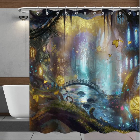 Blingpainting Fantasy Forest Shower Curtain Magic Tree Nature Landscape Country Fairy Tale Night View World Butterfly Bathroom Curtain With 12 Hooks