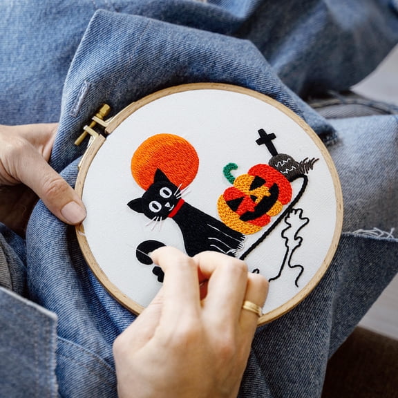 Blingpainting Halloween Beginner Embroidery Kit with Patterns Instructions, Embroidery Pack for Starter Adults Kids Including Hoops Needles Color Threads