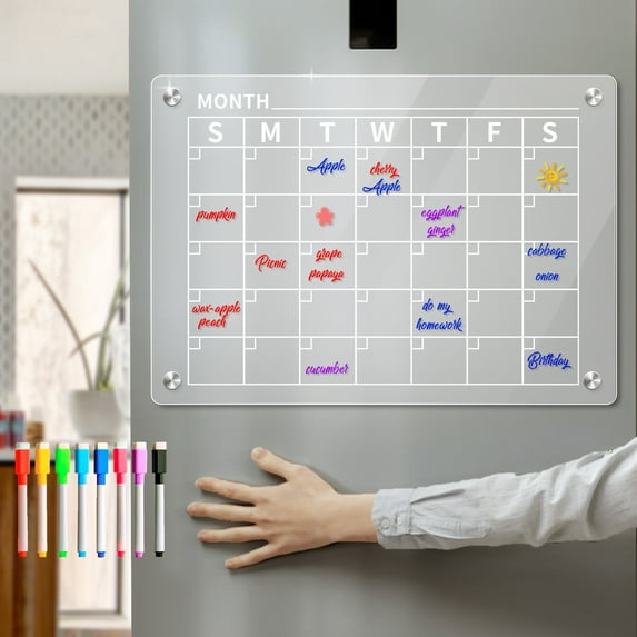 Blingpainting Magnetic Acrylic Calendar for Fridge, Calendar Planner Board for Refrigerator, Clear Dry Erase Board Include 8 Makers and Clean Cloth