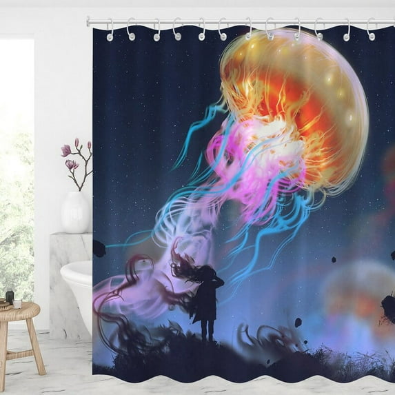 Blingpainting Watercolor Jellyfish shower curtain Waterproof Modern Fabric Bathroom Shower Curtains Basics Shower Curtain with 12 Hooks Christmas gifts