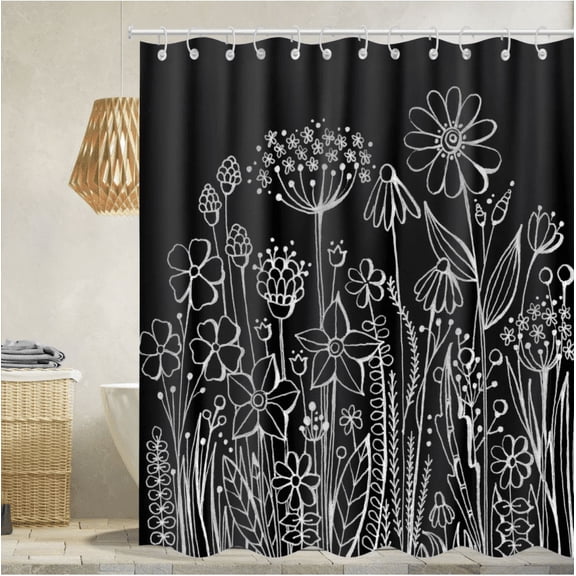 Blingpainting Wildflower shower curtain Botanical Floral Shower Curtain Black and White Herbs Shower Curtain Plant flower Bathroom Curtain with 12 Hook