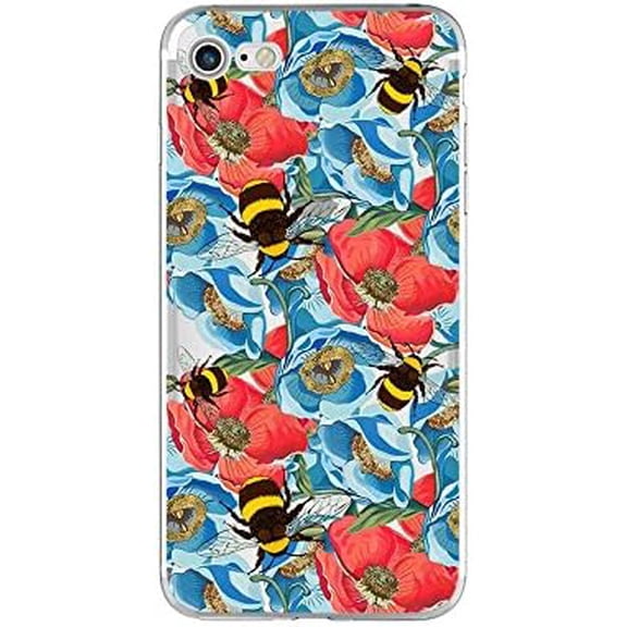 Blingy's for iPhone SE Case (3rd Gen)/(2nd Gen) 4.7inch, Cute Floral Bee Pattern Pretty Flower Design Transparent Soft TPU Protective Clear Case (Bumblebee Flowers)