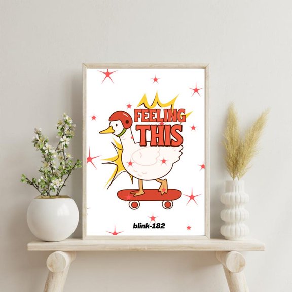 Blink 182 Cartoon Duck Skateboarding Poster, Whimsical Music Inspired Wall Art, Colorful Punk Style Decor Size 24x36 Unframed Poster