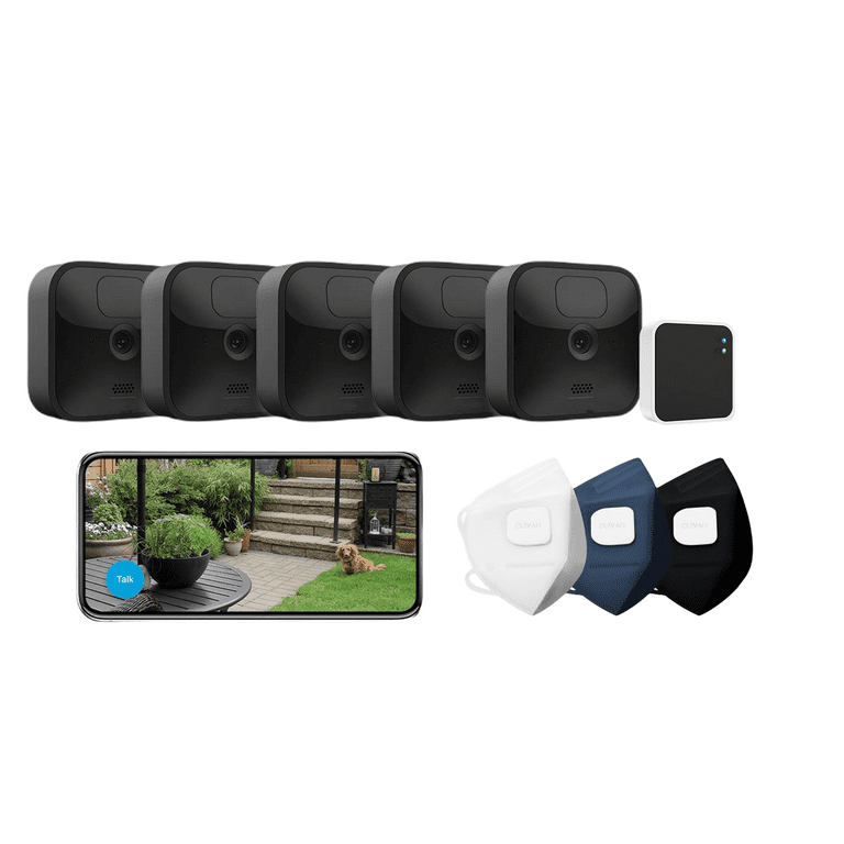 Blink_outdoor Wireless Camera System Kit with Clevair 3-Mask Purifying Fan Set (5 Camera Set), Black
