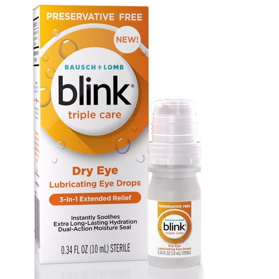 Blink Triple Care Preservative Free Lubricating Eye Drops - Clinically Proven 3-in-1 Relief for Dry Eyes with Hyaluronic Acid & Lipid Nano-Emulsion, Up to 10 Hours of relief