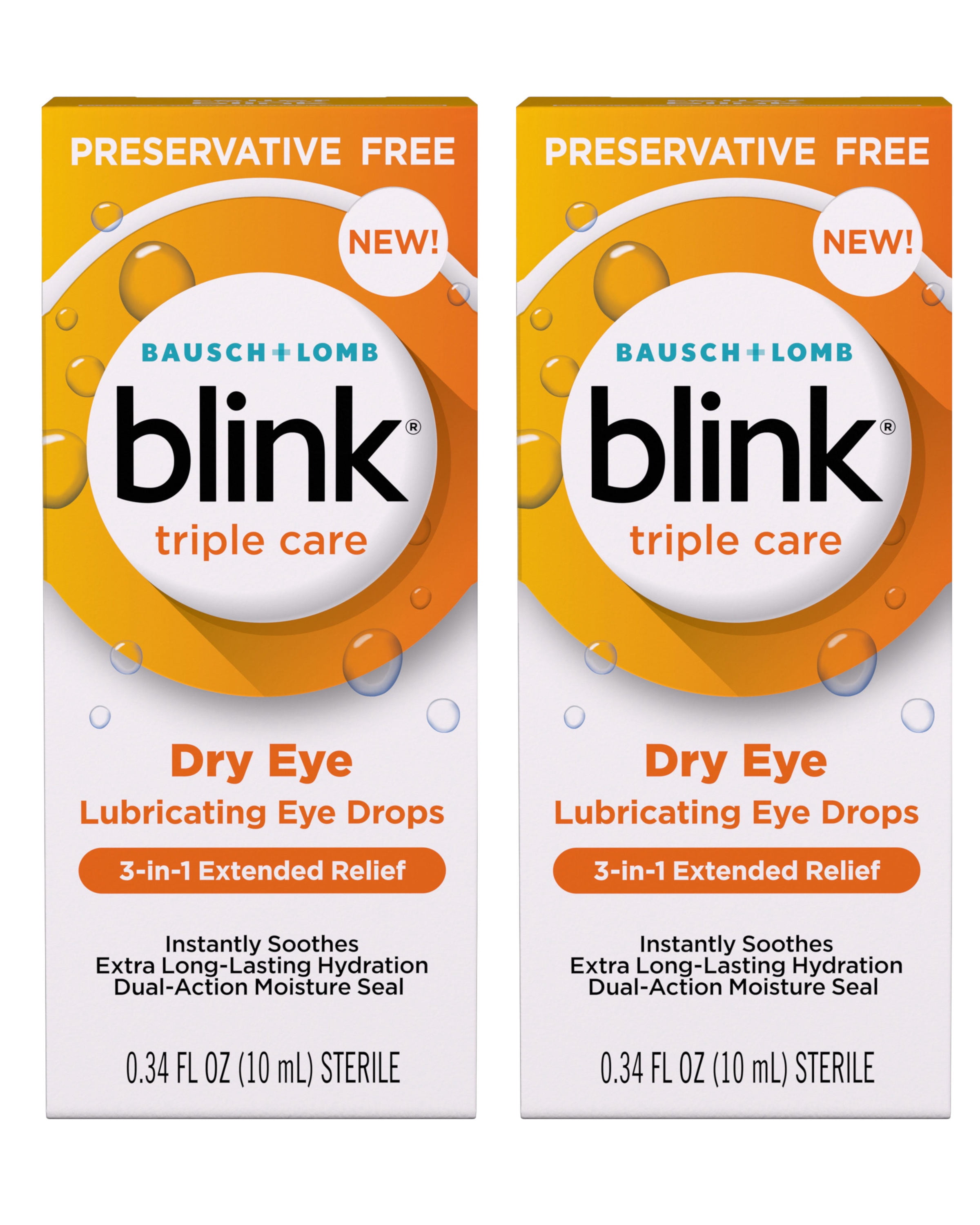 Blink Triple Care Preservative Free Lubricating Eye Drops, 3-in-1 Relief for Dry Eyes with Hyaluronic Acid, 0.34 FL OZ - 2 Pack