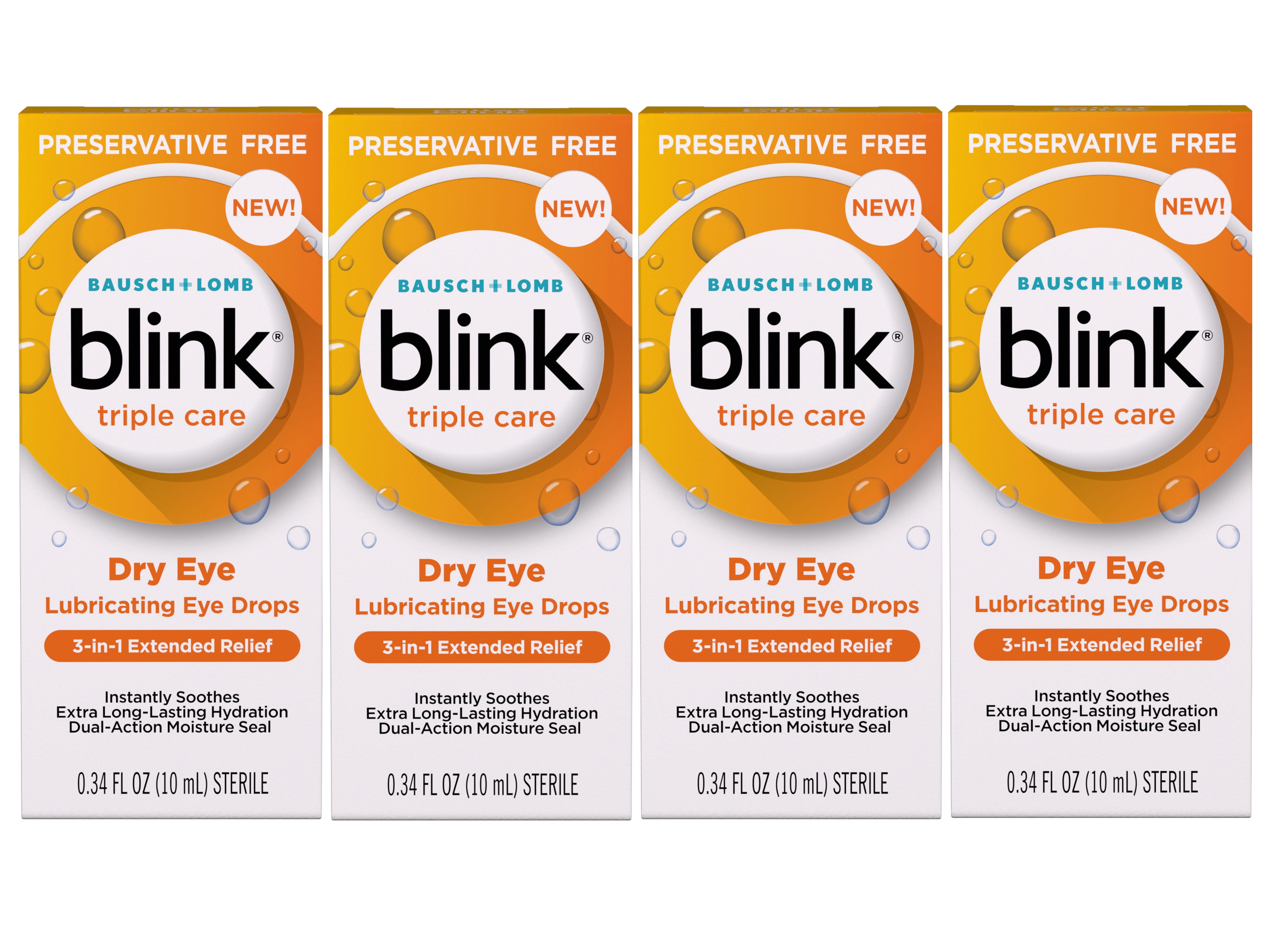 Blink Triple Care Preservative Free Lubricating Eye Drops, 3-in-1 Relief for Dry Eyes with Hyaluronic Acid, 0.34 FL OZ - 4 Pack