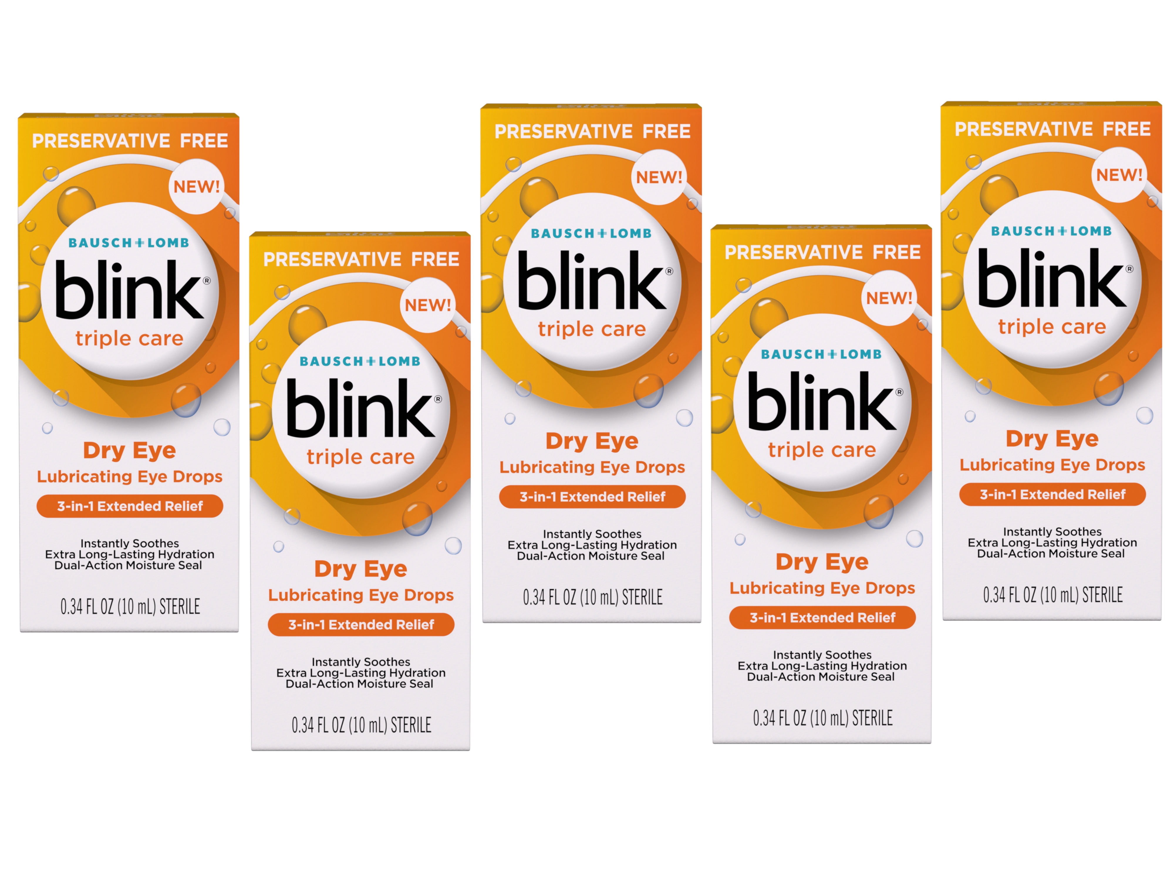 Blink Triple Care Preservative Free Lubricating Eye Drops, 3-in-1 Relief for Dry Eyes with Hyaluronic Acid, 0.34 FL OZ - 5 Pack