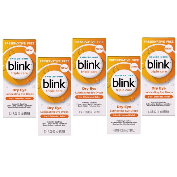 Blink Triple Care Preservative Free Lubricating Eye Drops, 3-in-1 Relief for Dry Eyes with Hyaluronic Acid, 0.34 FL OZ - 5 Pack