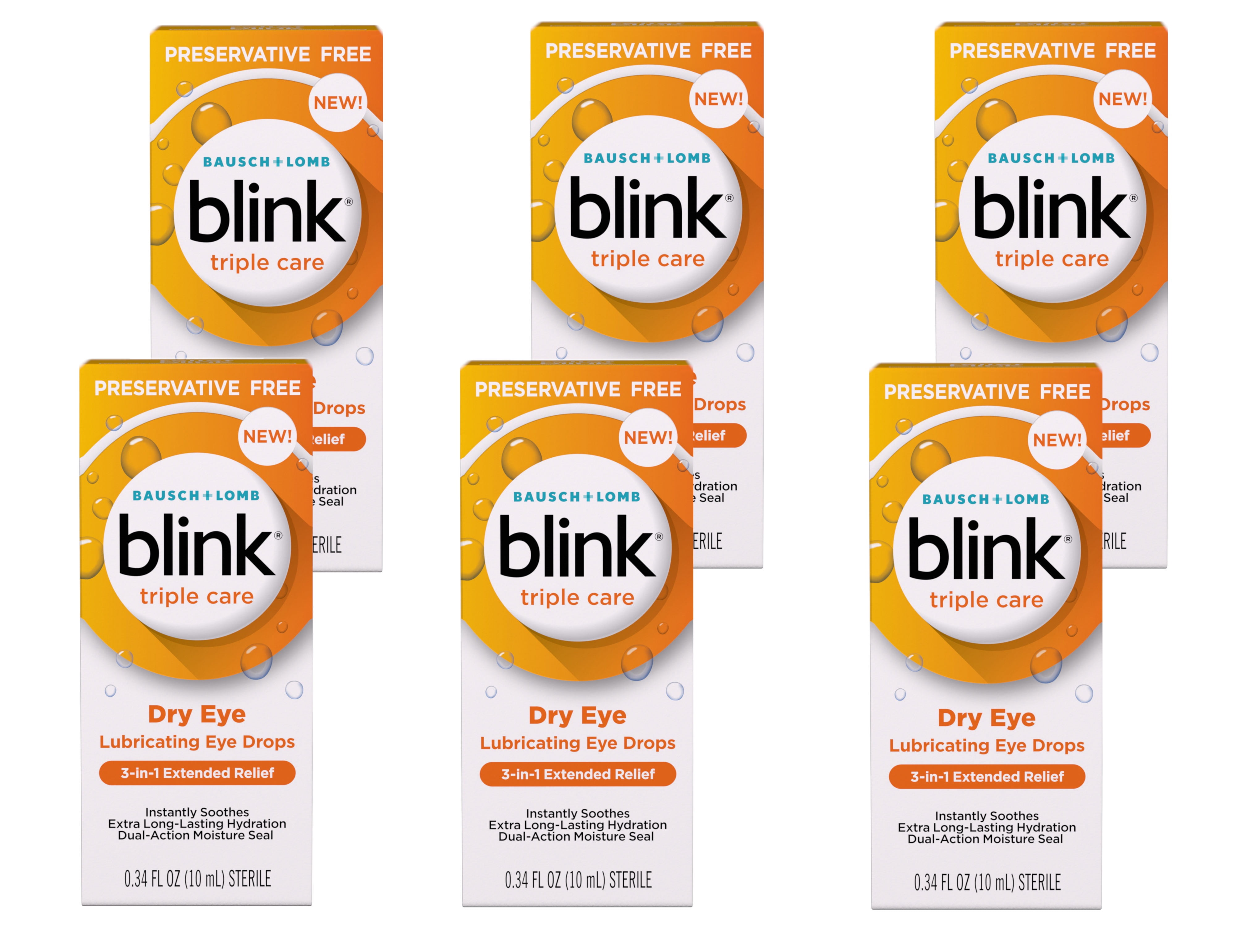 Blink Triple Care Preservative Free Lubricating Eye Drops, 3-in-1 Relief for Dry Eyes with Hyaluronic Acid, 0.34 FL OZ - 6 Pack