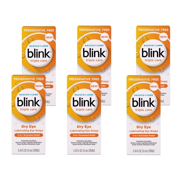 Blink Triple Care Preservative Free Lubricating Eye Drops, 3-in-1 Relief for Dry Eyes with Hyaluronic Acid, 0.34 FL OZ - 6 Pack