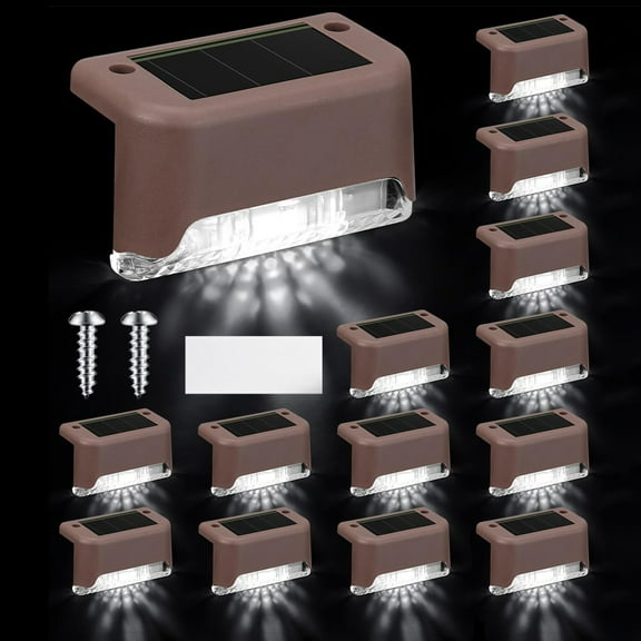 BlinkL 12 Pcs Solar Deck Lights Outdoor, Waterproof LED Solar Step Fence Lights for Stairs, Step, Railing, Patio, Driveway, Garden, Pathway and Yard(Brown Shell Cool White Light)
