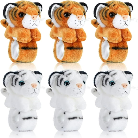 BlinkL 6 Pcs Stuffed Animal Slap Bracelets for Kids Hug Slap Bracelet Bulk Tiger Leopard Stuffed Animal Plush Kids Toy for Halloween Birthday Gifts Party Favors(Tiger Style)