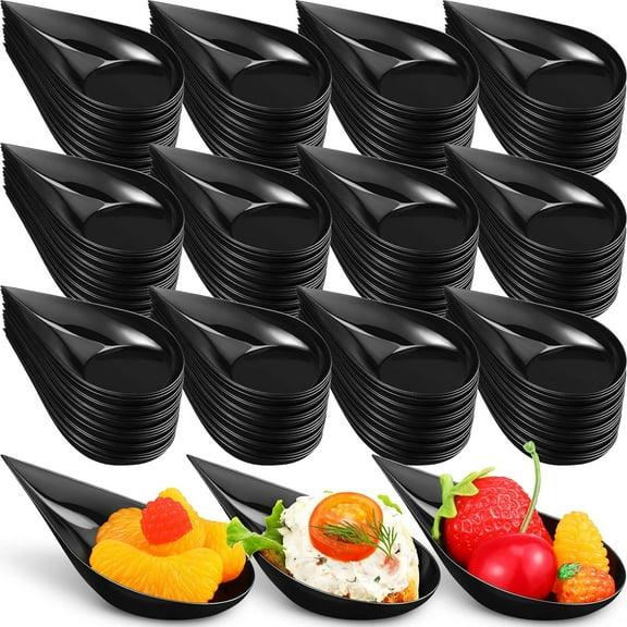 BlinkLLX 100 Pcs 4 Inch Plastic Appetizer Spoons Tasting Disposable Mini Appetizer Plates Tear Drop Serving Dessert Teardrop Asian Spoon for Party Dessert Dishes Catering(Black)