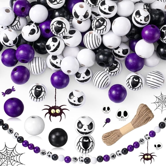 BlinkLLX 150 Pieces Wood Beads for Crafts Wooden Round Colored Beads for Ghost Jewelry Making Farmhouse Bracelet Spacer Accessories with Twine for Party Garden DIY Decor