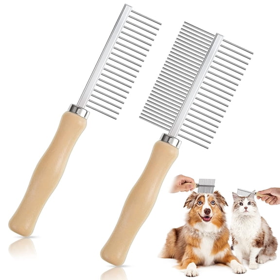 BlinkLLX 2 Pcs Dog Metal Combs Cat Wooden Handle Grooming Combs Stainless Steel Hairbrush Double Side Metal for Pet Dog Grooming Brush Pet Cat Flea Hairbrush for Long Short Hair Fur Brush Tool