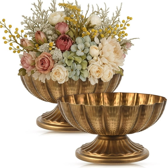 BlinkLLX 2 Pcs Metal Compote Bowl for Centerpiece Flower Holder 7 Inch Compote Vase Indoor Outdoor Flowers Fruits Plant for Christmas Wedding Home Party Decoration (Gold Bronze)