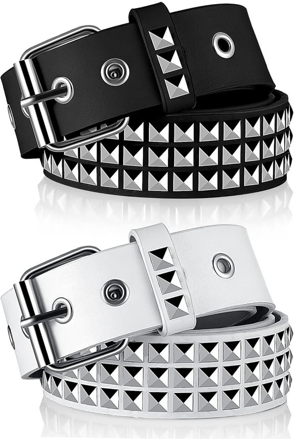 2 Pieces Studded Belt Punk Y2K Rock Goth Emo Belt with PU Leather Rivet Metal Pyramid for Women Men Jeans Pants