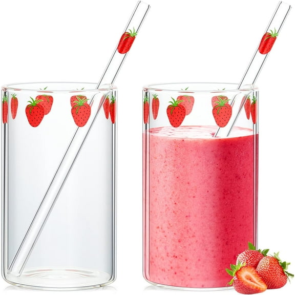 BlinkLLX 2 Sets Strawberry Cups Nana Strawberry Glass Cup with Straw Glass Tumbler Drinking Cherry Clear Tumbler Berry Pattern Glasses Bottle for Juice Water Milk Coffee Tea(Lovely)