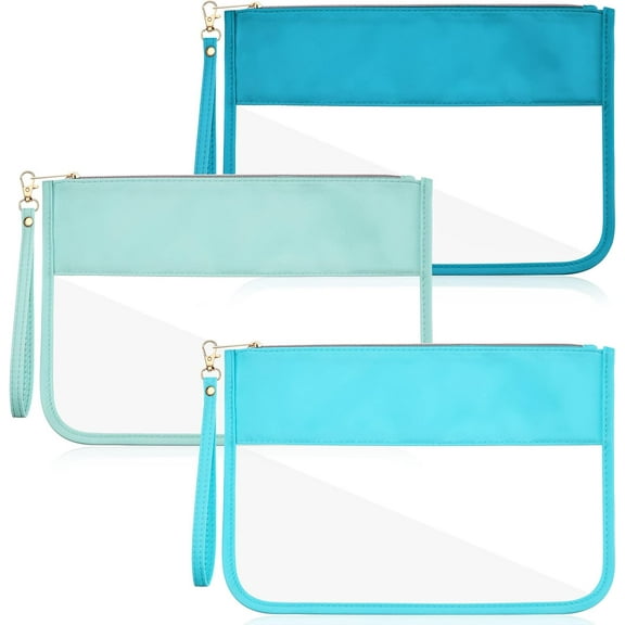 BlinkLLX 3 Pcs Clear Zipper Pouches - Nylon Makeup Bags Cosmetic Travel Toiletry with Zipper, Preppy PVC Flat Pouch for Women Girls(Blue)