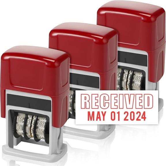 BlinkLLX 3 Pcs Self-Inking Office Stamp Day Month Year with Date Small Red Rectangular Business Stamps for Work Bookkeeping Business Ordering Accounting(Received and Date)