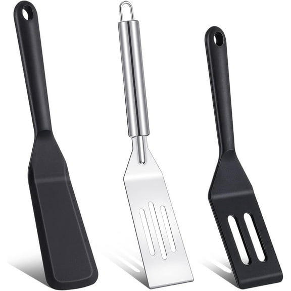 BlinkLLX 3 Pcs Small Spatula Thin Narrow Silicone Serving Spatula Kitchen Cooking Nonstick Stainless Steel Slotted Turner Pan Flipper for Egg Crepe Cake Fish Pancake Cookie