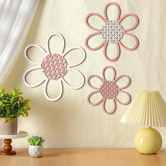 BlinkLLX 3 Pieces Boho Daisy Wall Decor Natural Rattan Flower Wall Hanging Art Wooden Boho Nursery Flowers Decor for Home Nursery(Rustic Color)