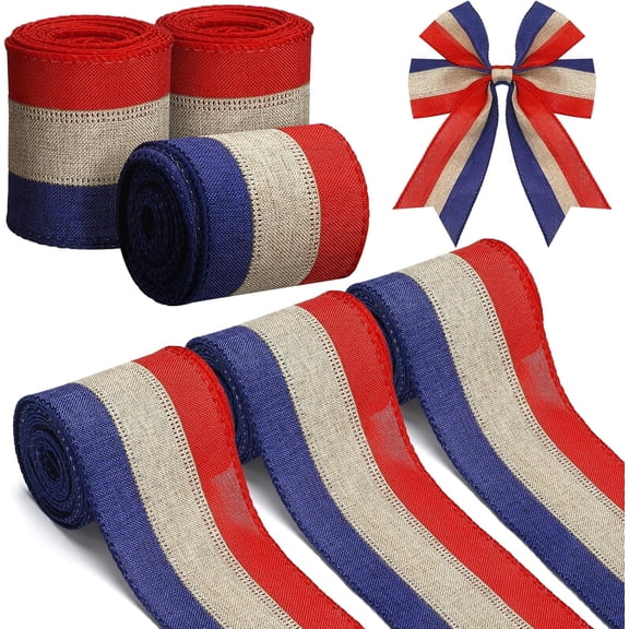 BlinkLLX 3 Rolls 4th of July Red White and Blue Ribbon Double Sided Patriotic Wired Ribbon Memorial Day Striped Bow DIY Material for Independence Day Gift Wrapping Making Medals Crafts,2.5 x 15 Yards