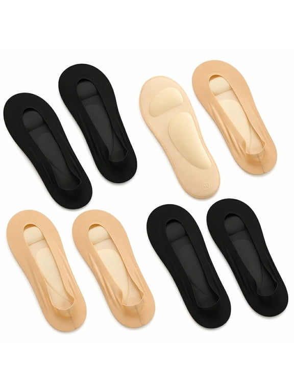 4 Pairs Arch Support Socks for Women No Show Liner Socks 3D Padded Nylon Stockings Sponge Cushion Non Slip Massage(Black, Light Skin,Medium)
