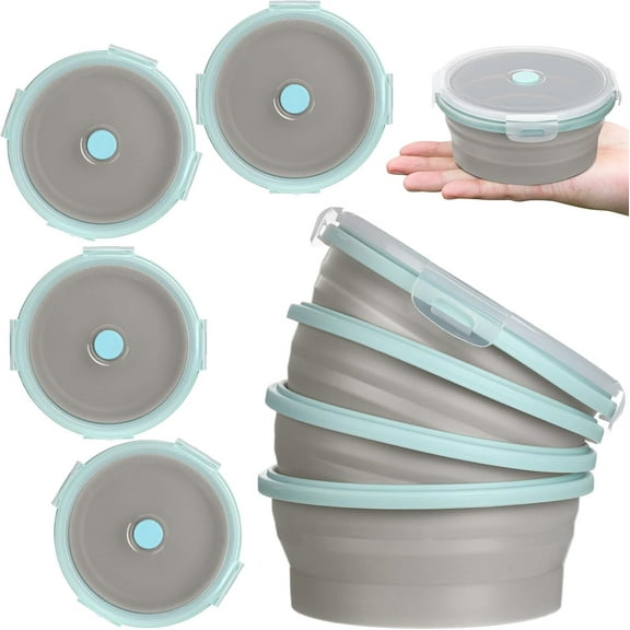 BlinkLLX 4 Pcs Camping Bowl with Lid Collapsible Silicone Lunch Box Salad Bowl Expandable Food Storage Container Folding Travel Container for Hiking Camping(Blue Rim Gray,12 oz)