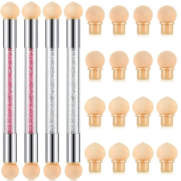 BlinkLLX 4 Pcs UV Gel Gradient Sponges Pens with 16 Pcs Replacement Head Nail Sponges for Ombre Double Head Brush for Nail Art Manicure DIY Tools(Pink, White)