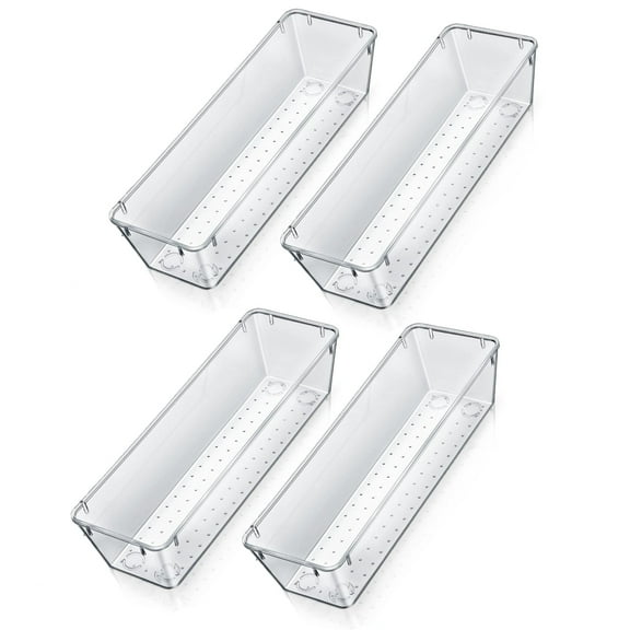 BlinkLLX 4 Pcs Vanity Drawer Organizer 9 x 3 x 2 Inches Clear Plastic Utensil Organizers Kitchen Drawers Dividers for Office Desk Silverware Kitchen Utensils Cosmetics and Bathrooms(Clear)