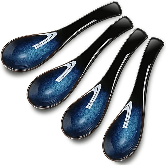 BlinkLLX 4 Pieces Asian Ceramic Soup Spoons Set Long Handle Chinese Spoons Retro Blue Japanese Ramen Bowl Soup Spoon Suitable for Gravy, Cake, Oatmeal, Dumplings