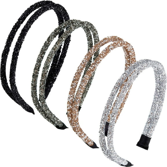 BlinkLLX 4 Pieces Rhinestone Hair Band Double Crystal Side Band Imitation Diamond Crystal Hoop Headband Thin Headband for Women Girls Hair Accessory(Black, Grey, Silver, Champagne)