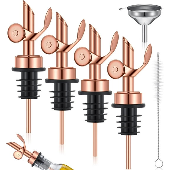 BlinkLLX 4 Pieces Weighted Stainless Steel Pourers Olive Oil Spout Olive Oil Dispenser Spout Automatic Opening and Closing with Funnel and Brush for Pouring Wine Syrup Kitchen(Rose Gold)