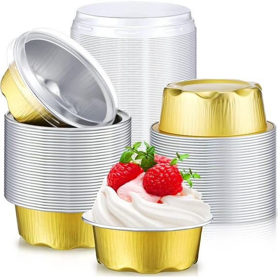 BlinkLLX 50 Count Baking Cups with Lids, 1.6 oz Muffin Cupcake Liners Aluminum Foil Mini Cake Pans Small Disposable Ramekins Flan Containers with Lids for Christmas, Birthday, Various Holiday(Gold)