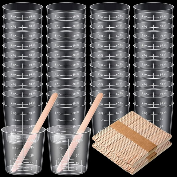BlinkLLX 50 Pack 2oz/60ml Plastic Mixing Cups Disposable Measuring Cups, Epoxy Bulk Clear Beaker with Graduated and Mixing Sticks for Resin, Laboratory, Liquid, Acrylic Paint Art, Medicine