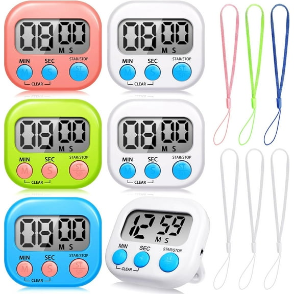 BlinkLLX 6 Pack Small Digital Kitchen Timer, Kitchen Timer for Cooking with 6 Pieces Lanyard Magnetic Back and On/Off Switch Second Minute Count up Countdown (Multicolored)